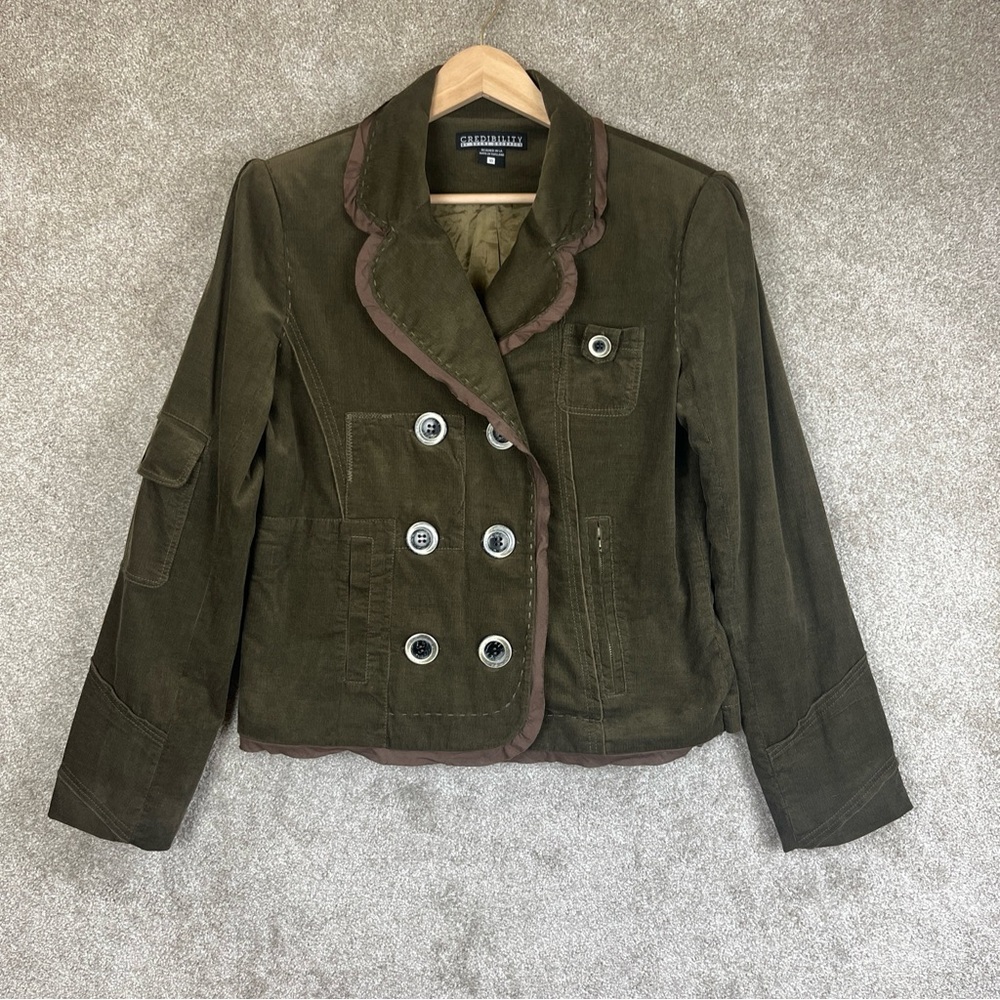 Credibility Jacket Womens 10 Green Corduroy Button Lined Pockets Cotton- 9087*
